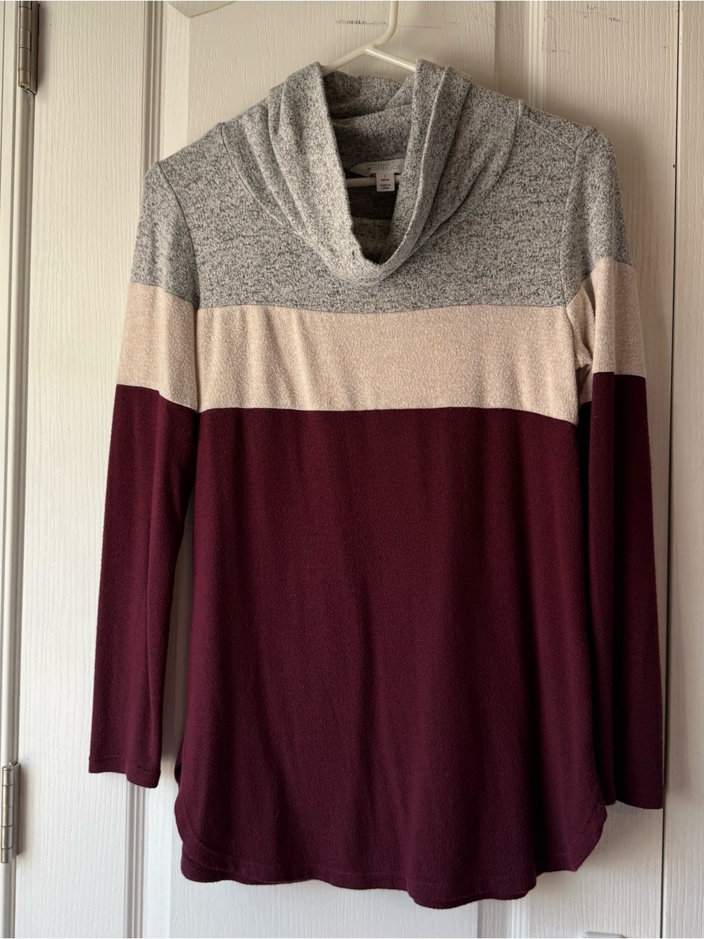 Market & Spruce Marled Cowl Neck Colorblock Sweater - Gray, Cream & Burgundy